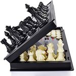 OkidSTEM 3 In 1 Magnetic Chess Draughts Backgammon Game Set, Travel Chess Game with Folding Board & 2 Extra Queens & Storage Bag for Pieces, Educational Board Game Gift for Kids & Adults