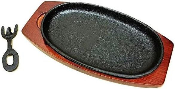 Cast Iron Fajita Sizzling Plate with Wooden Base and Handle 10'' by 7.5'' Set - Serve Steak in Style with This Cast Iron Grill Skillet and Sizzle Platter Set, Weighs About 4.25 Pounds (1, 10" x 7.5")