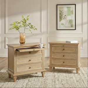 HULALA HOME Farmhouse 3 Drawer End Table with Charging Station, 2PK Natural