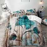 VIVIHOME 3PCS Teal Floral Duvet Cover Queen, Farmhouse Bedding Set, Turquoise Butterfly Lily Flower Comforter Bedspread Quilt Cover, Microfiber Bedding, Rustic Bedroom Decor for Women, 2 Pillow Shams