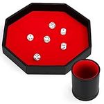 Belle Vous Black PU Leather and Red Velvet Octagon Rolling Dice Storage Tray with Cup & Dice - Dice Holder Box for Tabletop Games Like RPG and DND/D&D with Matching Cup - Catchall Tray for Jewellery