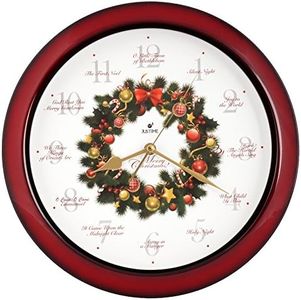 JUSTIME 14-inch 12 Song of Carols of Christmas Wreath Melody Wall Clock Christmas Musical Clock Chime Wall Clock in Wall Christmas Home Decor Wall Deco Round Wall Clock Red