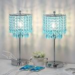 Crystal Table Lamps, Touch Control Crystal Lamps with Dual USB Ports, 3-Way Dimmable Bedside Lamp with Teal Crystal Shade for Living Room, Elegant Bedroom Lamp for Girls, LED Bulb Included