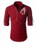 DEELMO Men's Full Sleeve Short Kurta Shirt with a Trendy Mandarin Collar Crafted from a Premium Cotton Blend Red