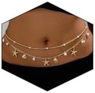 Gold Starfish Waist Chain for Women 2Pcs Bohemian Adjustable Layered Belly Chain Shell Beaded Bikini Body Chain for Beach, Summer Festival, Vacation & Boho Accessories