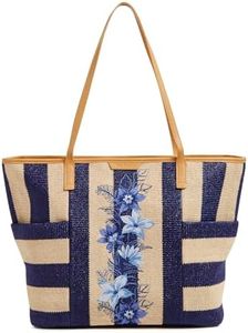 Vera Bradley Women's Straw Tote Bag, Navy Stripe Straw, One Size
