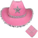 Rhinestone Cowboy Hat, Sequin Wrapped Bride Party Cowgirl Hats Women Wide Brim Cute Cowboy Hats, with Adjustable Drawstring and Cowboy Party Paisley Bandana,Pink