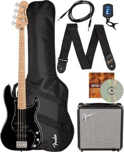 Fender Squier Affinity Precision Bass PJ - Black Bundle with Rumble 15 Amplifier, Instrument Cable, Gig Bag, Tuner, Strap, and Austin Bazaar Instructional DVD