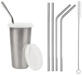 PARABRAHMA Stainless Steel Sipper/Sippy Cup with Straw Glass with Gum Protection for Kids 4 Straw and 1 Cleaning Brush (370 ml, 1-4 Years) (Silver)