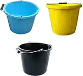 Set of 3- Plastic Builders Bucket 3 Gallon 14 Litre Water Mixing Storage Strong with Measuring Guide, Handle And Spout (Yellow, Blue, Black)