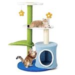 COSTWAY Cat Tree, Flower Shaped Cats Climbing Tower with Condo, Sisal Scratching Posts, 3 Perches, Jingling and Spring Ball, Multi-level Kitten Activity Center Play House for Indoor