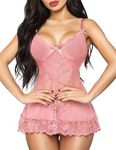 RSLOVE Women Sexy Lingerie Lace Babydoll Mesh Chemise Sleepwear Bridal Nightdress Pink XXL