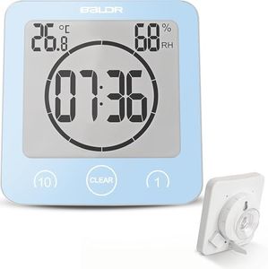 BALDR Digital Shower Clock with Timer - Blue - Water-Resistant Shower Timer, Countdown Timer Clock with Temperature and Humidity, Digital Clock for Shower, Bathroom Clock, Alarm Clock Battery Powered
