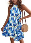 WNEEDU Womens Summer Beach Dress Mini Cover-Ups Dress Halter Neck Casual Dresses Sun-Dress with Pockets, Blue Yellow Flower M