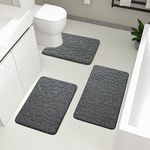 YIHOUSE Bathroom Mats Set 3 Piece, Cobblestone Memory Foam Bathroom Rugs Set Extra Thick, Non Slip Bath Mats Set for Bathroom, Water Absorbent, Washable Dark Grey Bath Rugs for Tub, Toilet and Floor