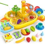 3-IN-1 Play Sink with Running Water, Kids Kitchen Sink Toys with Electric Duck Faucet, Pretend play kitchen accessories, play food, Water Slide Track, Pool Floating Fishing Game Gift Toy for BoysGirls