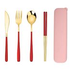 Iktu Premium Gold Plated 304 Stainless Steel Knife Fork Spoon Chopstick Set Flatware Dinnerware Cutlery Tableware Set (Red)