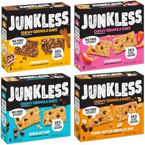 Junkless Chewy Granola Bar 4-Flavor Variety Pack - Less Sugar, Great Tasting, Wholesome Snacks - Bulk Granola Bars - 1.1 oz. Bars, 4 Boxes