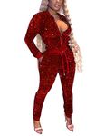 Angsuttc Sweatsuits for Women Set Velvet Glitter Two Piece Zip-Up Jackets Jogging Pants Outfits Red L