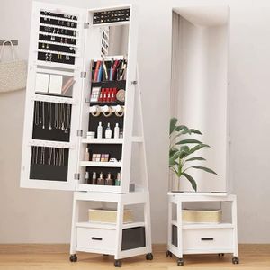 Alkmaar 360° Swivel Jewelry Armoire, Floor Standing Locking with Full Length Mirror,Bottom Drawer, Shelf, Wheels,White Cabinet with Large Storage Capacity (White push-pull)