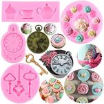 RFGHAC Tea Party Cake Mold Teapot Fondant Mold Vintage Key Clock Silicone Mold Tea Cup Mold Rose Flower Mold For Cake Decorating Cupcake Topper Candy Gum Paste Polymer Clay Set Of 4