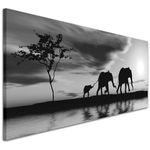 Wallfillers Black White African Sunset Elephants Canvas Wall Art Print - 1363-118x49cm