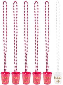 Sparkle and Bash 6-Pack Team Bride and Bride To Be Plastic Beaded Shot Glasses Necklaces - Perfect for Bachelorette, Hot Pink and White with Gold Font - 30.4 Inches Long