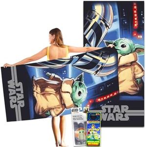 Star Wars Mandalorian Bath Pool Beach Towel Set - 40" x 72" Giant Baby Yoda Towel with Stickers, More | Mandalorian Yoda Bathroom Decor