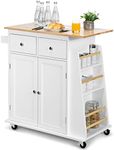 GiantexUK Kitchen Island on Wheels, Mobile Kitchen Storage Cart with 2 Drawers, 2-Door Cabinet, Rubber Wood Tabletop, Spice Rack & Adjustable Shelf, Large Serving Trolley for Home Dining Room (White)