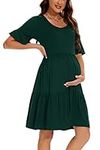 Smallshow Women's Maternity Short Sleeve Summer Dress O Neck Casual Ruffle Pregnancy Clothes Deep Green M