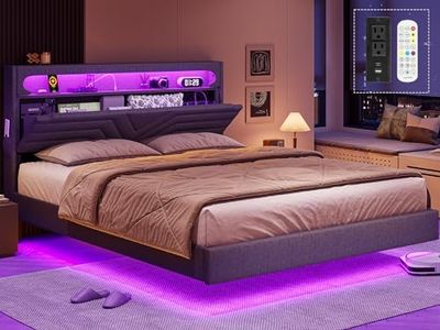 BTHFST Floating Bed Frame Full Size with RGB LED Lights Headboard, USB-C/A Power Combo, Linen Upholstered Platform Bed with Storage Headboard, Innovative Stable Structure, Dark Gray