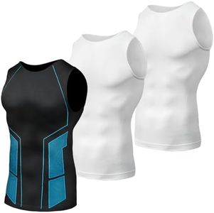 Odoland 3 Pack Men Compression Shirt, Gynecomastia Tummy Control Slimming Undershirt Tank Top Men, Body Shaper Strengthen Compression Vest Shapewear,Line Blue/White/White, M