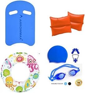Swimming Kickboard, Arm Band, Swimming Tube, Swimming Cap, Swimming Google, Earplug, Noseplug Combo Training Kit for Kids Age (3-6 Years, Blue)