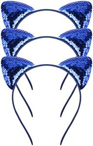 UNDEHAAC 3 Pack Blue Cat Ears Headband for Women, Holiday Party Cosplay Costume Accessories, Reversible Sequin Cat Ears