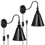 HAITRAL Wall Sconces Plug-in Set of 2 - Classical Vintage Swing Arm Wall Lamp with Gooseneck Light Pole, Black Industrial Wall Lights Wall Mounted Lighting Bedside Lamp for Bathroom Bedroom Enterway