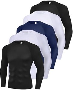 CYPER SUN 5 Pack Men's Compression Shirts Long Sleeve Undershirts, Quick Dry Workout Baselayer Rash Guard Fitness Top Black/White/Blue L