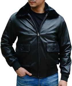 Jild Navy G-1 Real Leather Bomber Jacket Men with Removable Fur Collar - Vintage Flight Aviator Leather Jacket Men (Pilot-Blk-M)