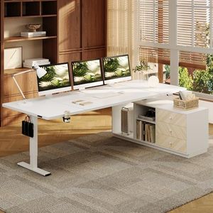 FLEXISPOT L Shaped Standing Desk with Drawers, Large Electric Height Adjustable Executive Desk, Sit Stand Desk for Home Office and Workstation, PC Cabinet (79"x32" White)
