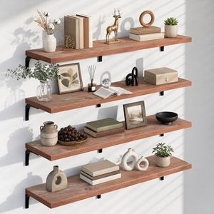 TEDIDUWA Rustic Wood Floating Shelves Set of 4, 12x60 Inch Wall Mounted Shelf - Brown Farmhouse Style for Storage in Living Room, Kitchen, Bathroom, 100 lbs Load Capacity