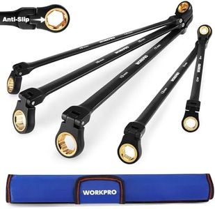 WORKPRO Extra Long Flex-Head Ratcheting Wrench Set, 5-piece Anti-Slip Double Box End Wrench Set, Metric 8-19 mm, 72-Teeth, Cr-V Steel and Black Electrophoretic Coating Wrenches with Rolling Pouch