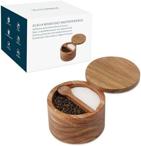 KITCHENDAO Acacia Wood Salt and Pepper Bowl Box,Built-in Spoon,Two Compartments Spice Seasoning Container,Sea Salt Cellar Holder,Built-in Spoon,Magnetic Swivel Lid,Dual 5oz Capacity