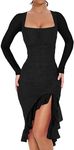 BORIFLORS Women's Sexy Ruched Bodycon Midi Dresses Elegant Mesh Long Sleeve Square Neck Ruffle Hem Cocktail Party Dress, Medium, Black