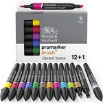 Winsor & Newton, Promarker Brush, Vibrant Tones, Set of 12 + 1 Blender, Alcohol Based Dual Tip Markers