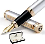HDDNB Silver Luxury Fountain Pen Sets for Men and Women with Gift Box, 24K Gold Finish and Gilded Nib(Extra Fine) with 5 Black Ink Cartridges and Converter