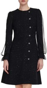 GOELIA Women Black Tweed Dress Wool Blend Tweed Sequins Long Sleeve Mini Dresses for Business Work Black Wedding Guest Dresses Valentine's Day Formal Dress