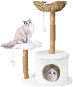 Easyego Modern Cat Tree, 36.6" Aesthetic Wood Cat Tree Tower for Large Cats, Luxury Cat Condo with Scratching Posts and Flower Platforms, Cat Furniture, White