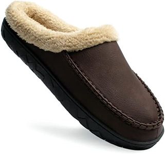 Ranberone Men's Slippers Microsuede Upper Moccasin House Shoes with Fuzzy Plush Lining Indoor and Outdoor, Coffee-faux Leather, 15-16