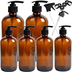 Youngever 6 Pack Empty Glass Pump Bottles, 2 Pack 500ML and 4 Pack 250ML Pump Bottles, Soap Dispenser, Refillable Containers (Amber), Amber