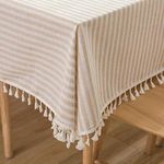 Plenmor Cotton Linen Table Cloth Stripe Tassel Square Tablecloth Dust-Proof Table Cover for Kitchen Dinning Tabletop Decoration (140cm x 140cm, Beige)