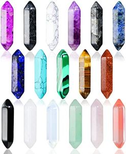 17Pcs Healing Crystals Stones Sets, Hexagonal Bullet Shaped Reiki Meditation Gemstone Chakra Stones Tiger Eye Obsidian Quartz Crystals Gemstone Wand Set Pendants with Storage Box